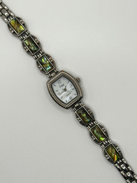 working silver tone abalone gemstone watch