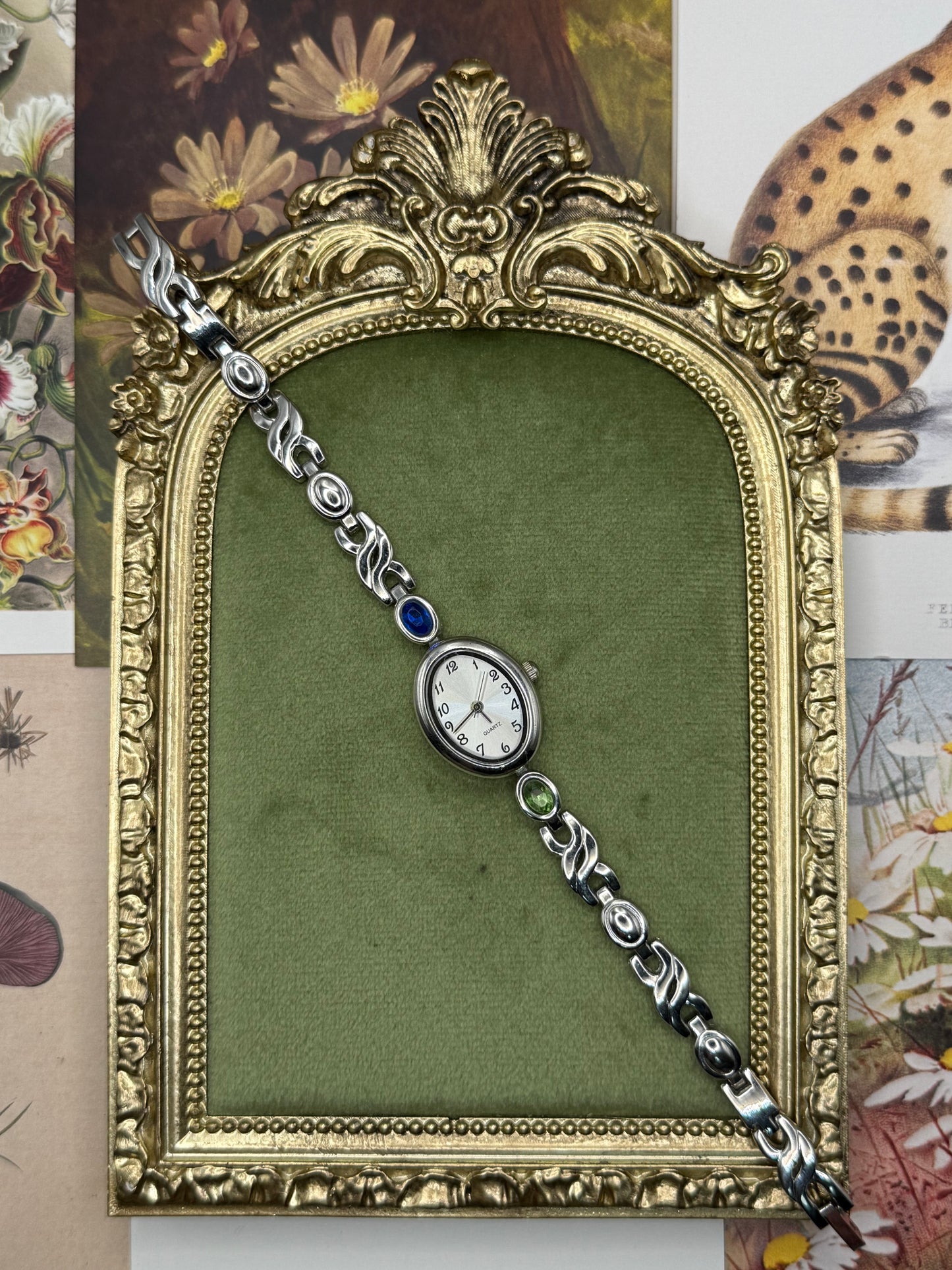 Working Vintage Silver Tone Gemstone Watch