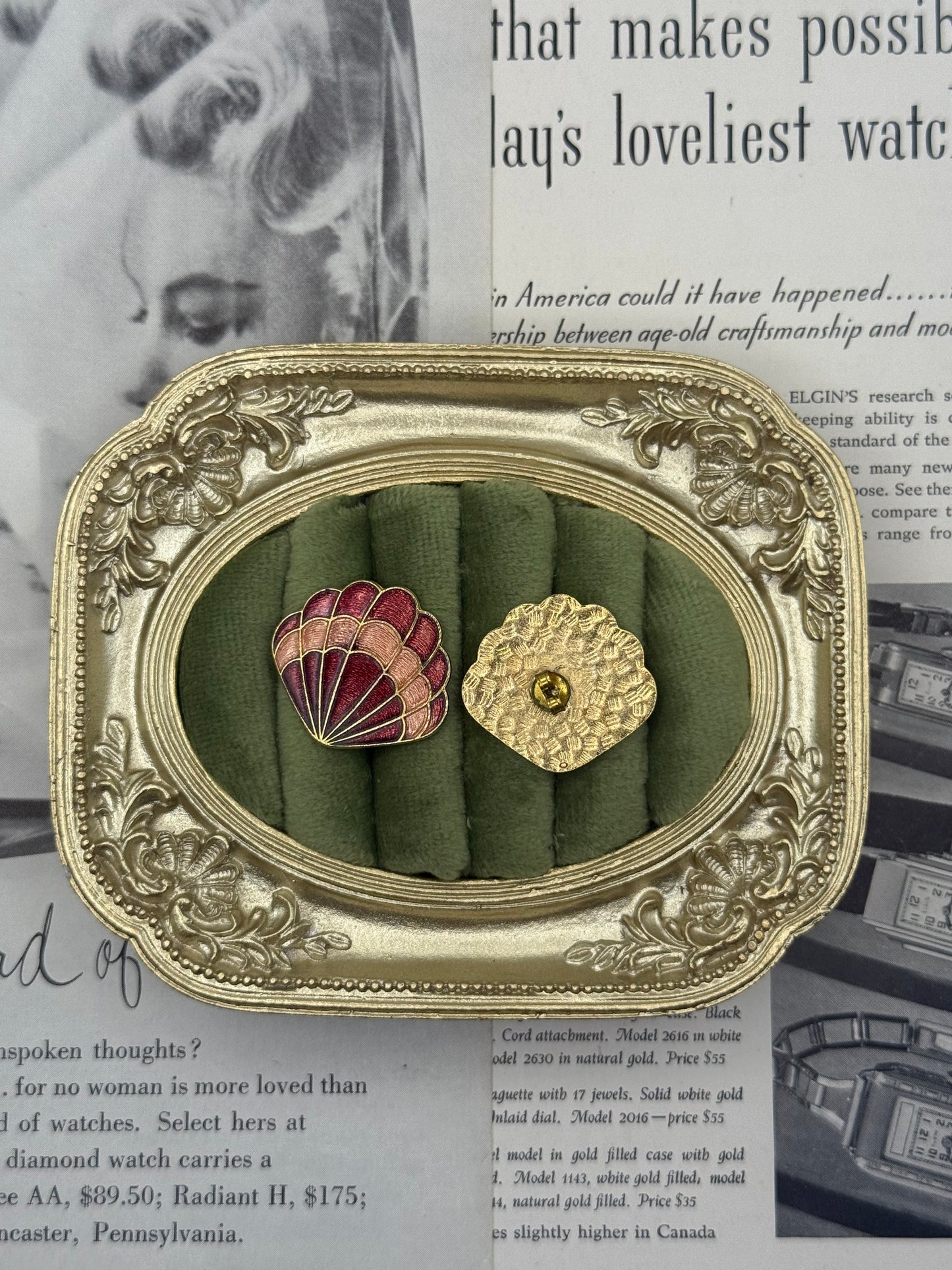 Vintage Gold Tone Pierced Cloisonne Shell Earrings