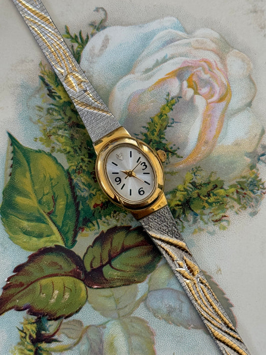 avon two tone flower decal vintage watch