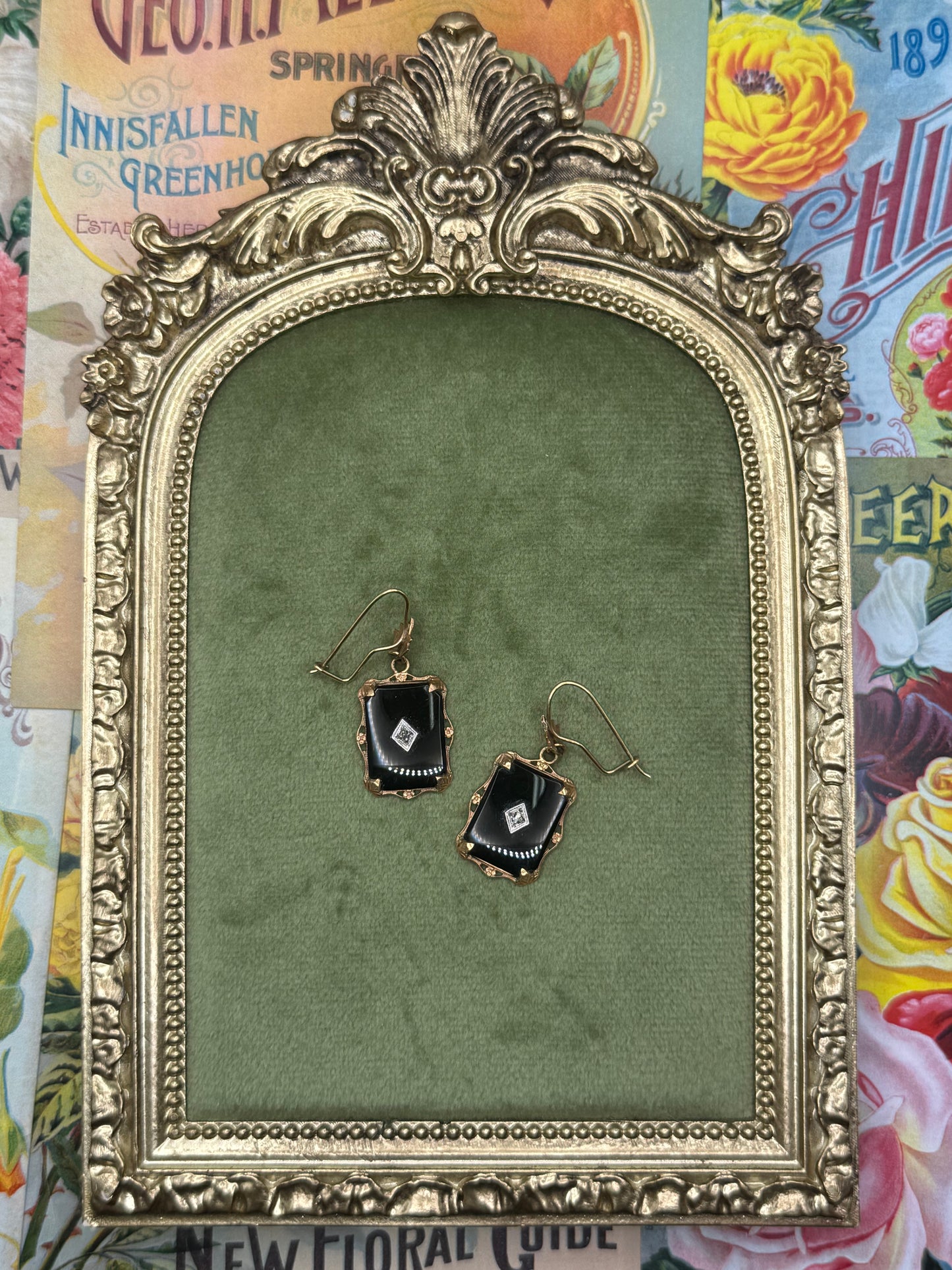 10k Solid Gold Onyx Victorian Revival Earrings