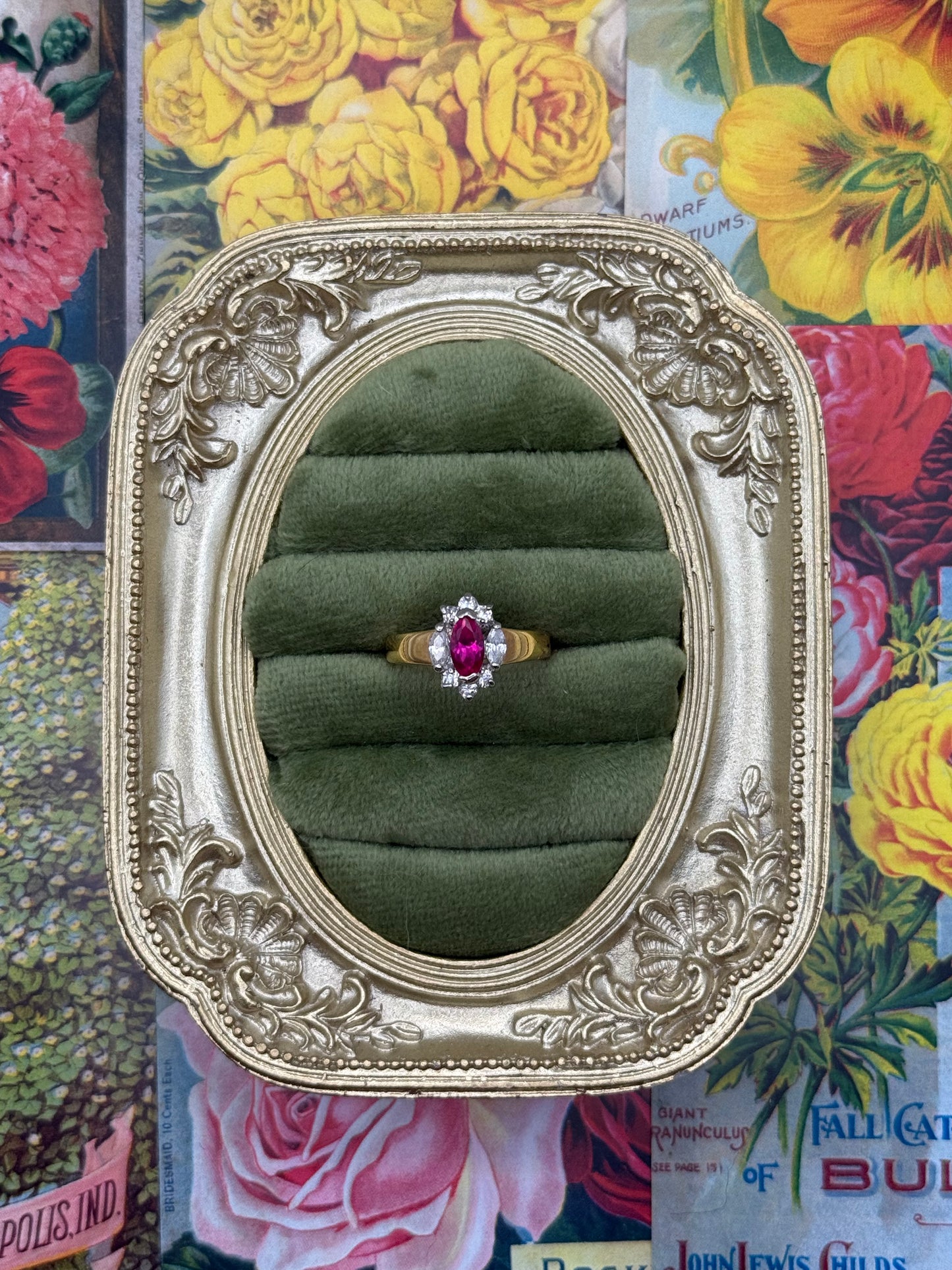 Vintage Gold Tone Red Stone Ring Size 7