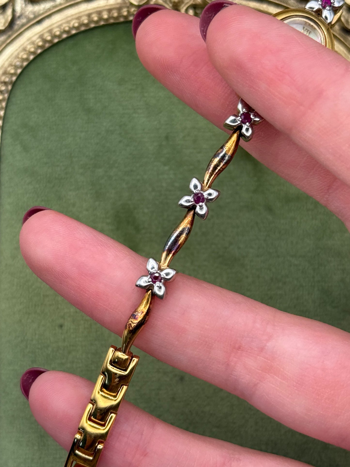 Working Vintage Gold Tone Dainty Gemstone Watch