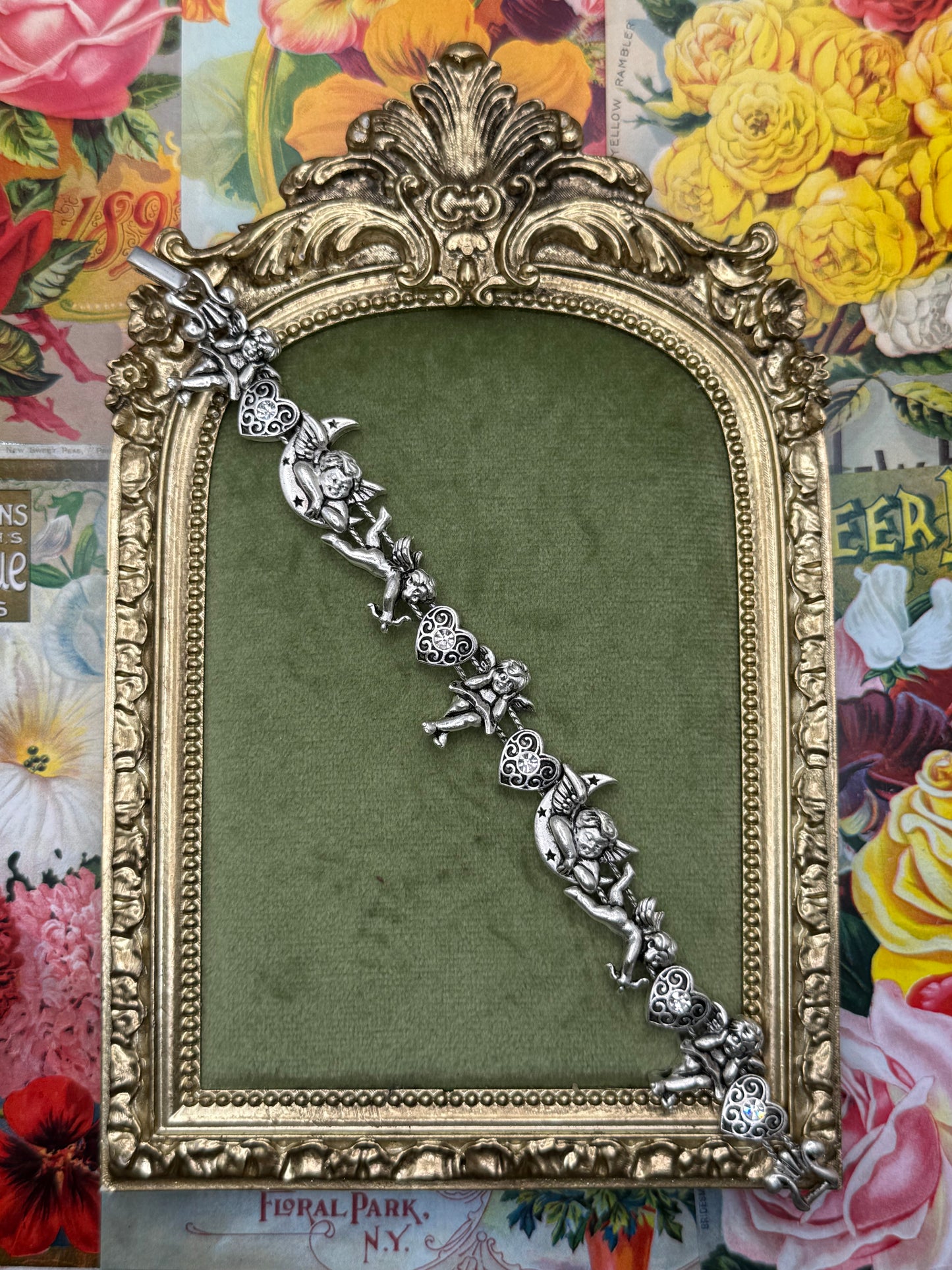 Vintage Silver Tone Celestial Cherub Slide Charm Bracelet 6.75”