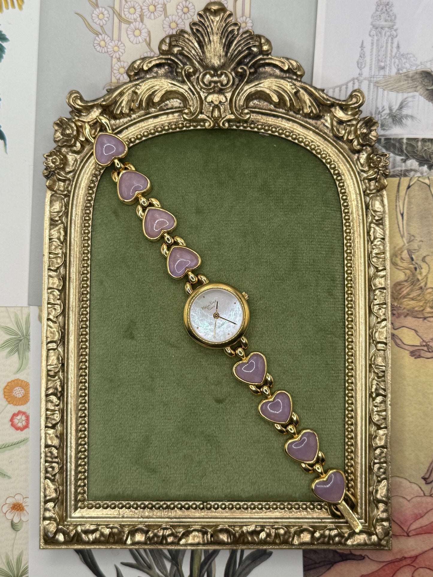 Working Gold Tone Purple Jade Heart Watch