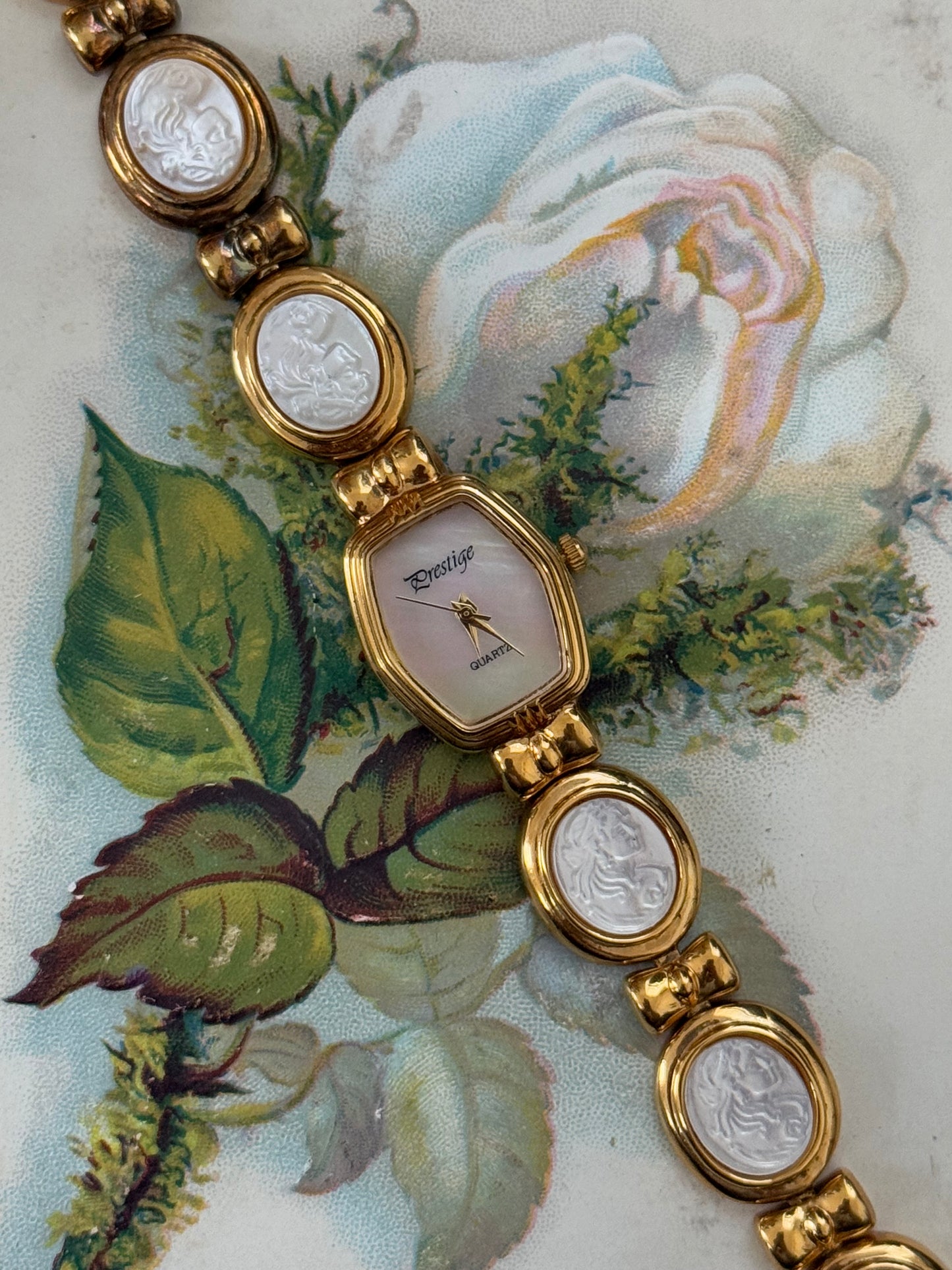 gold tone vintage mother of pearl cameo band watch