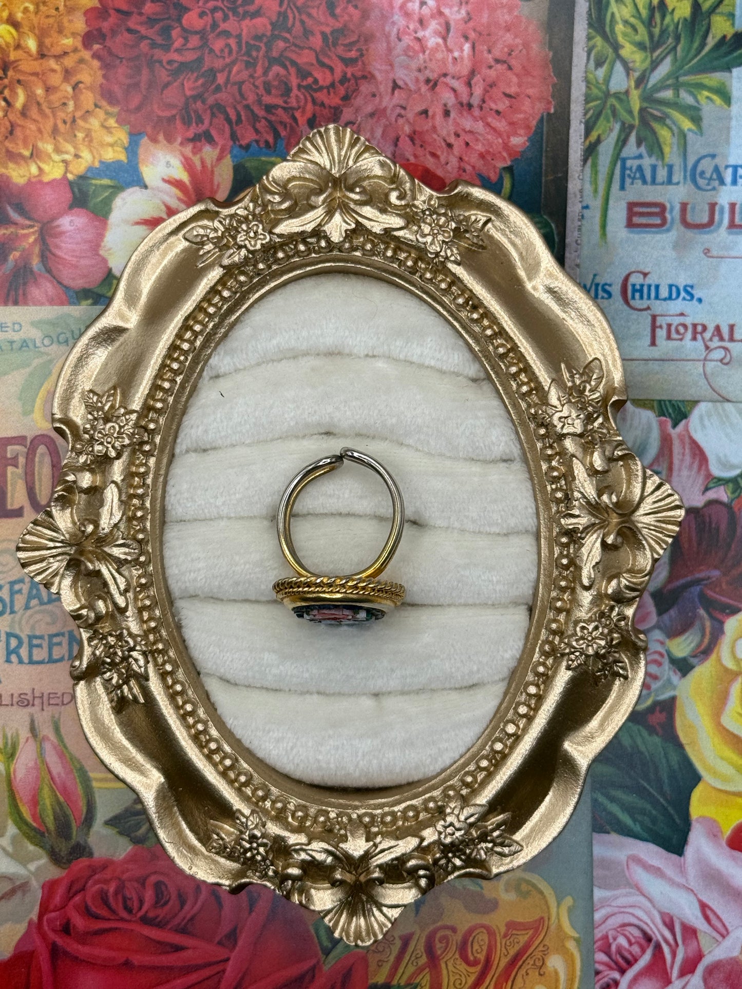 Vintage Gold Tone Italian Micro Mosaic Ring Size 5