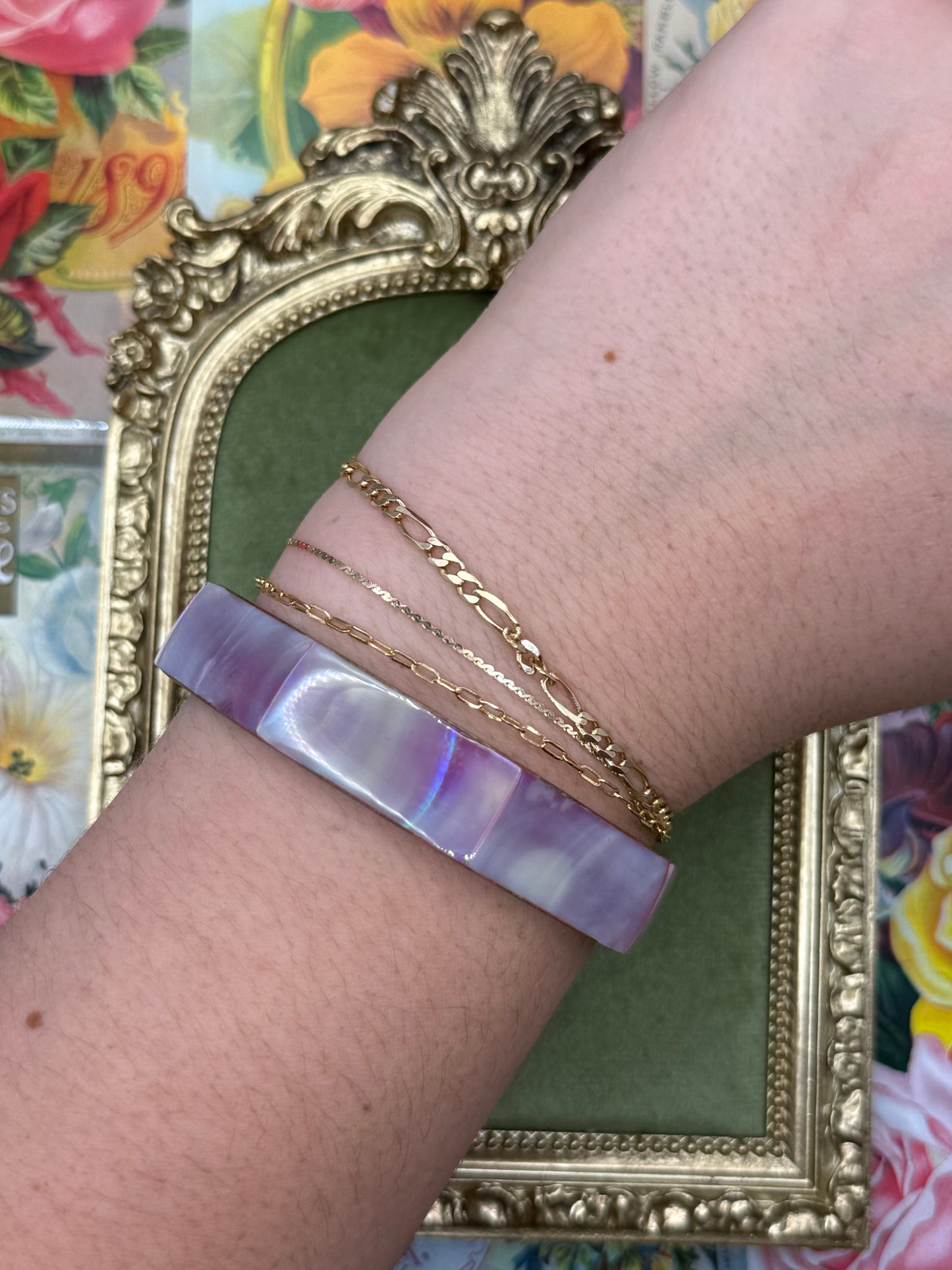 Vintage Gold Tone Iridescent Hexagonal Bangle 8”