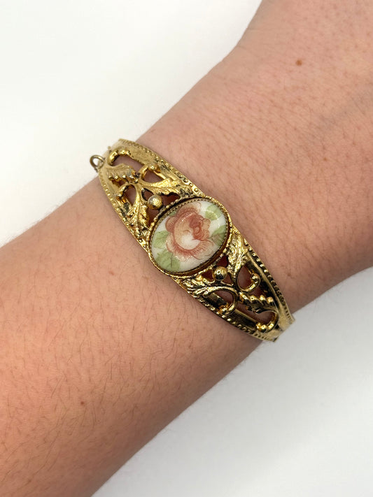 gold tone floral cuff bracelet