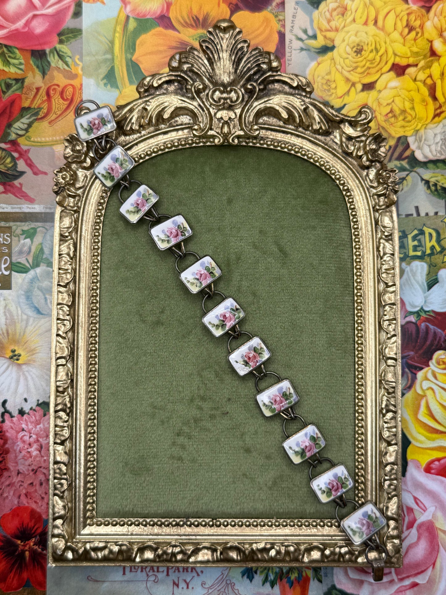 Vintage Sterling Silver Floral Enameled Bracelet 7”