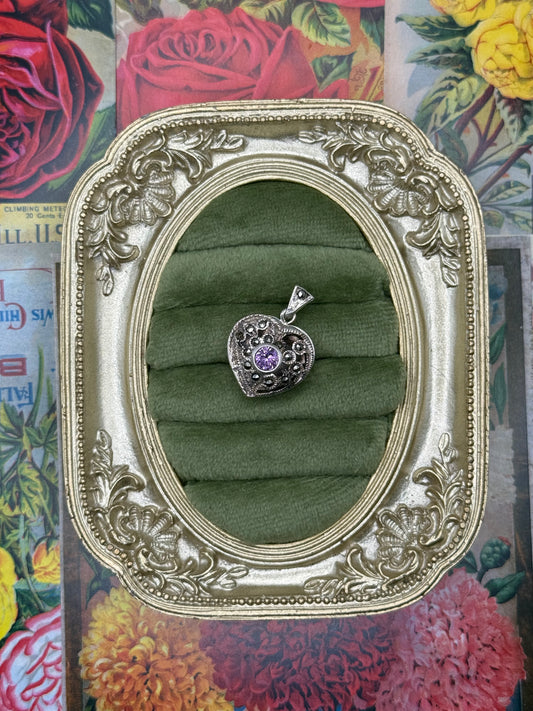 Vintage Sterling Silver Marcasite Gemstone Locket Pendant