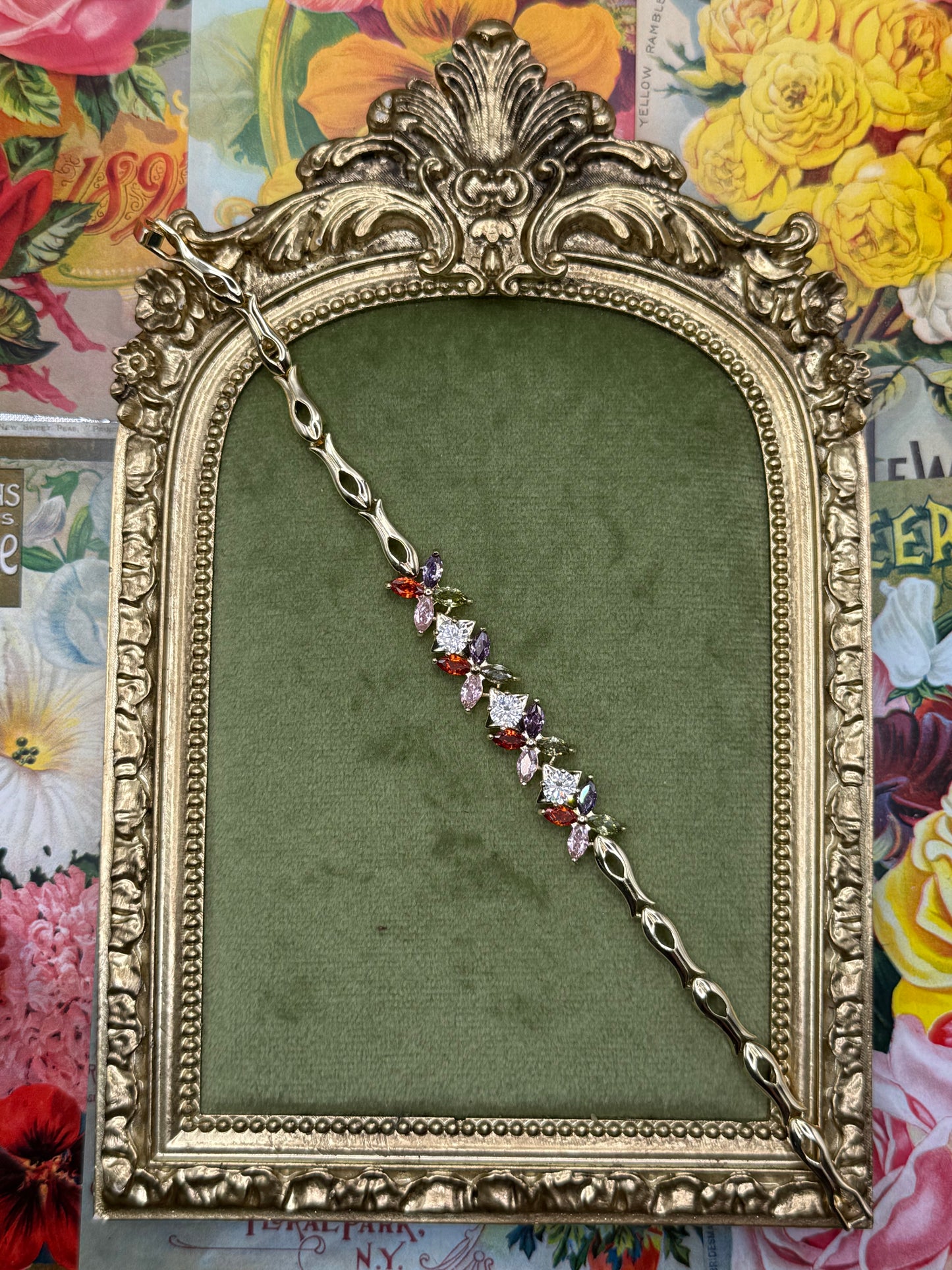 Modern Gold Tone Multicolor Gem Bracelet 7”