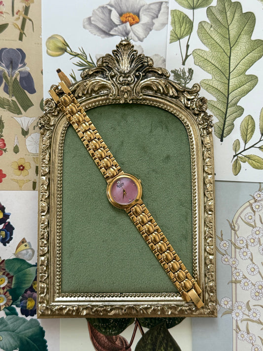 Working Vintage Gold Tone Pink Dial Bulova Watch