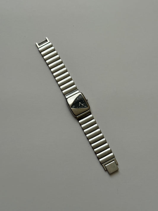 working silver tone triangle dial half moon seiko watch