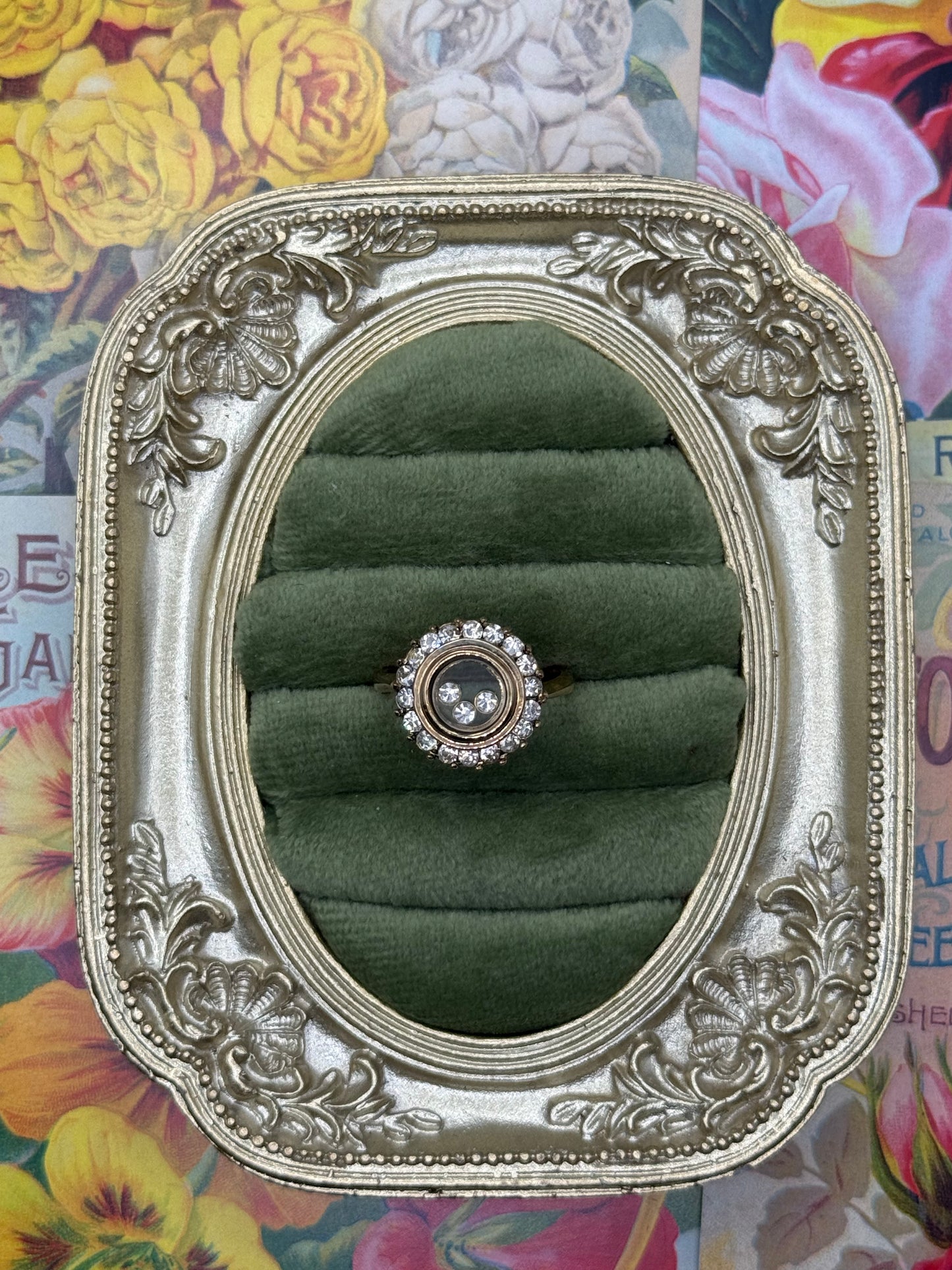 Vintage Gold Tone Floating Crystal Ring Size 8