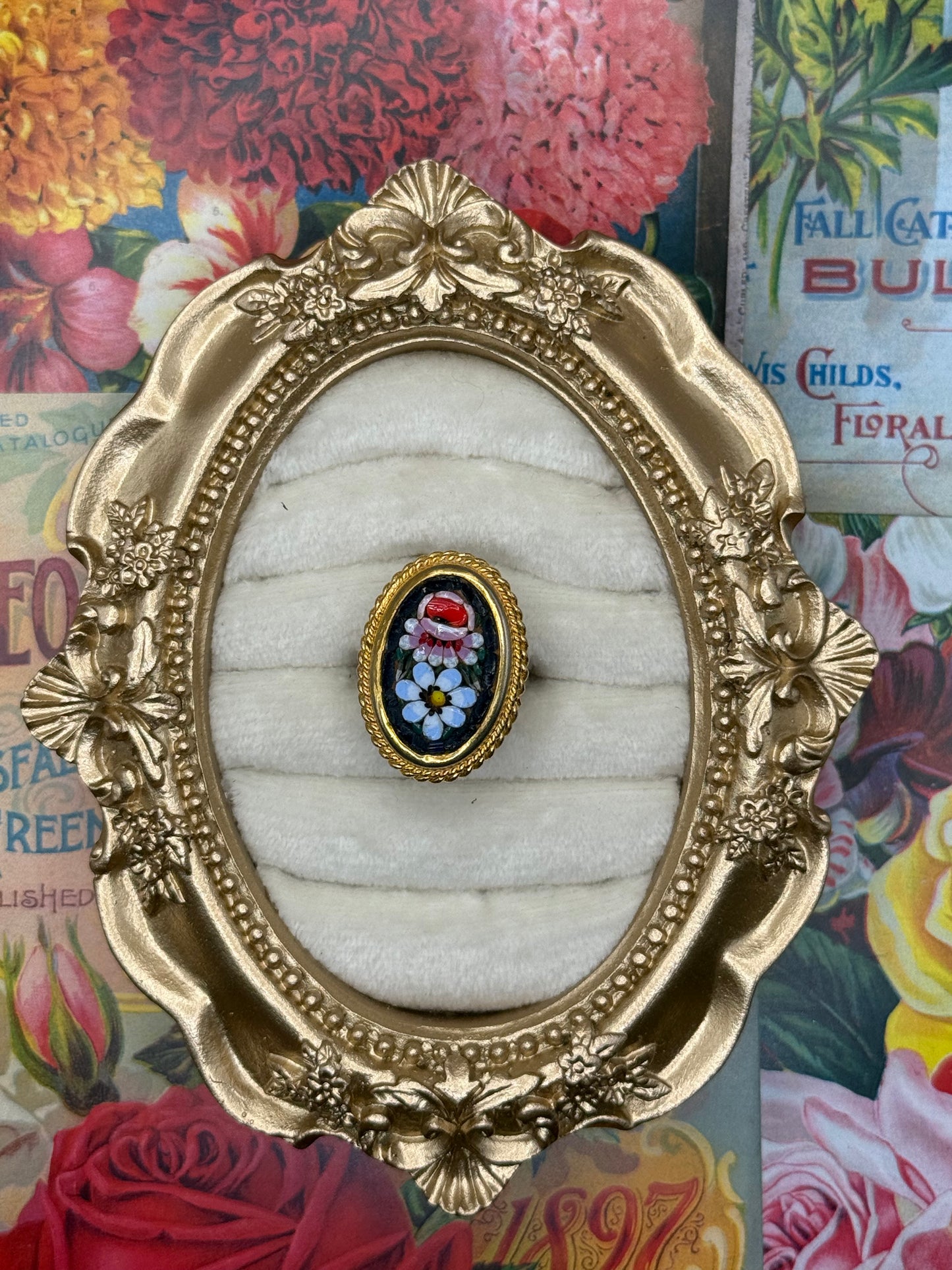 Vintage Gold Tone Italian Micro Mosaic Ring Size 5