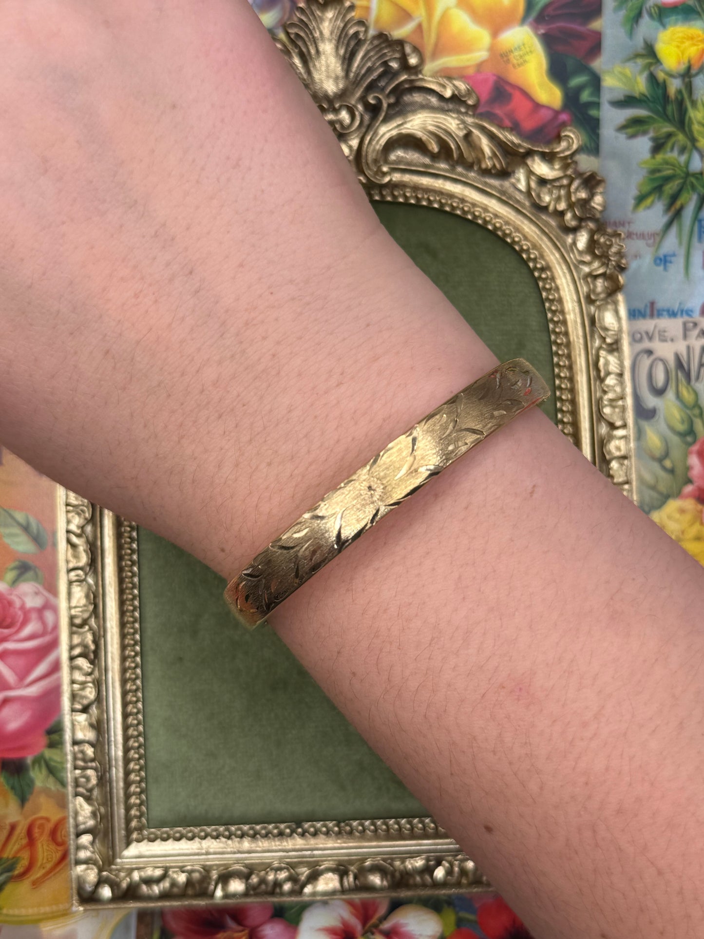 Vintage Gold Tone Engraved Bangle 7”