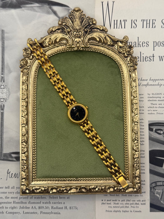 Working Vintage Gold Tone Black Dial Seiko Watch