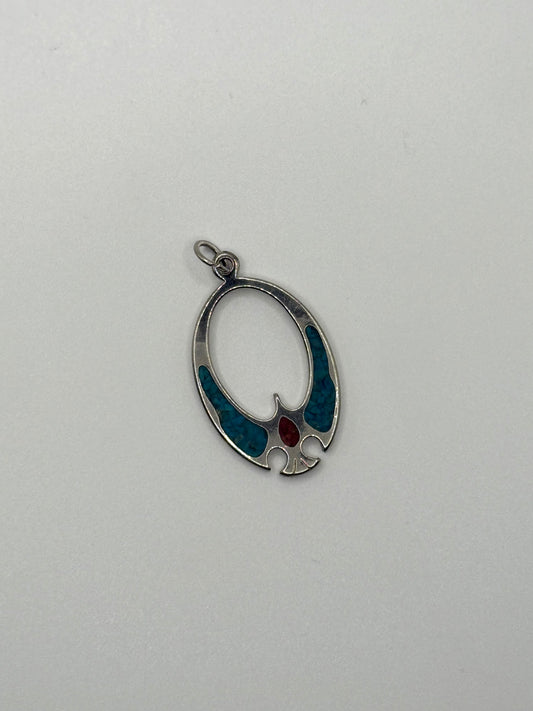 silver tone crushed turquoise and coral pendant