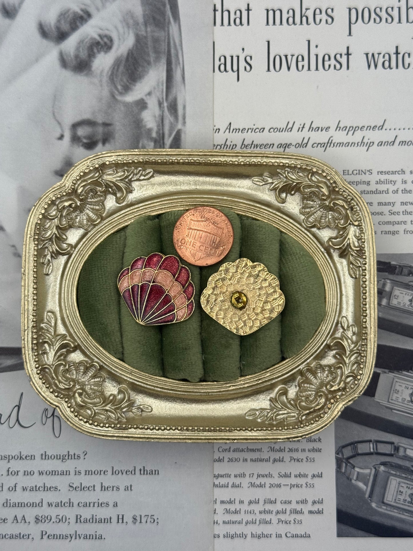 Vintage Gold Tone Pierced Cloisonne Shell Earrings