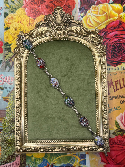 Vintage Silver Tone Millefiori Bracelet 7.25”