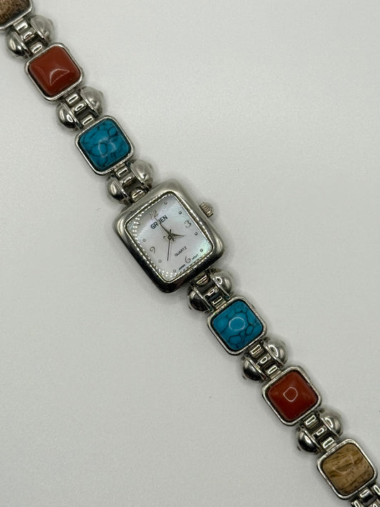 working silver tone scarab gemstone watch