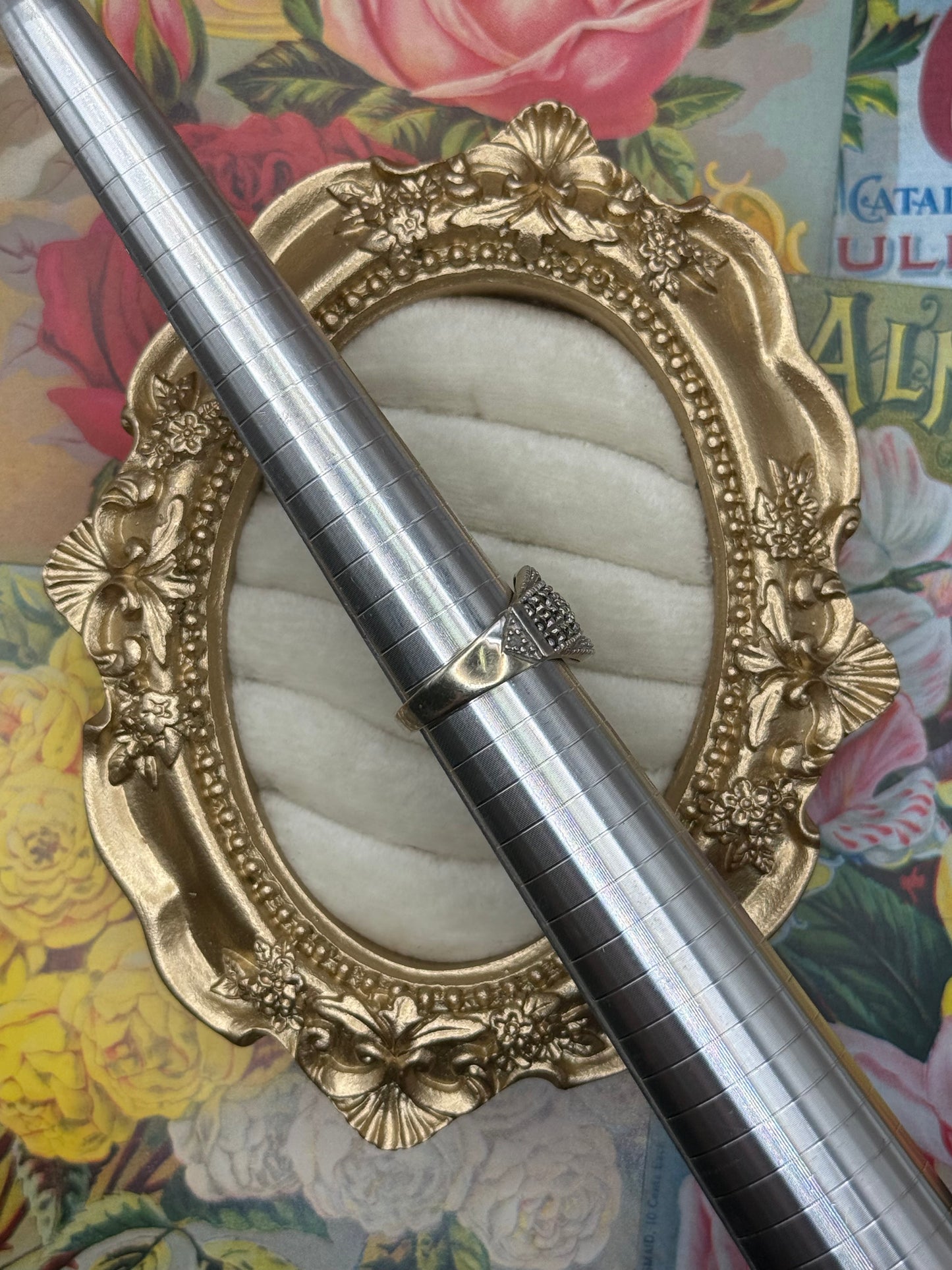 10k White Gold Diamond Belt Buckle Ring Size 7.75