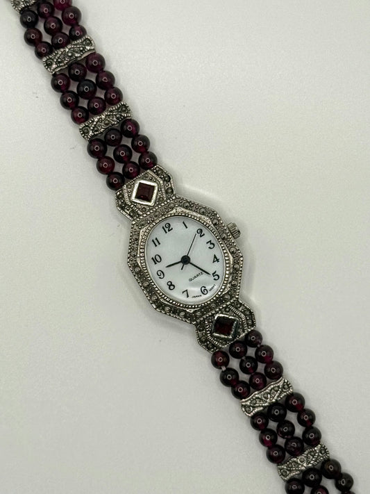 working silver tone garnet beaded watch