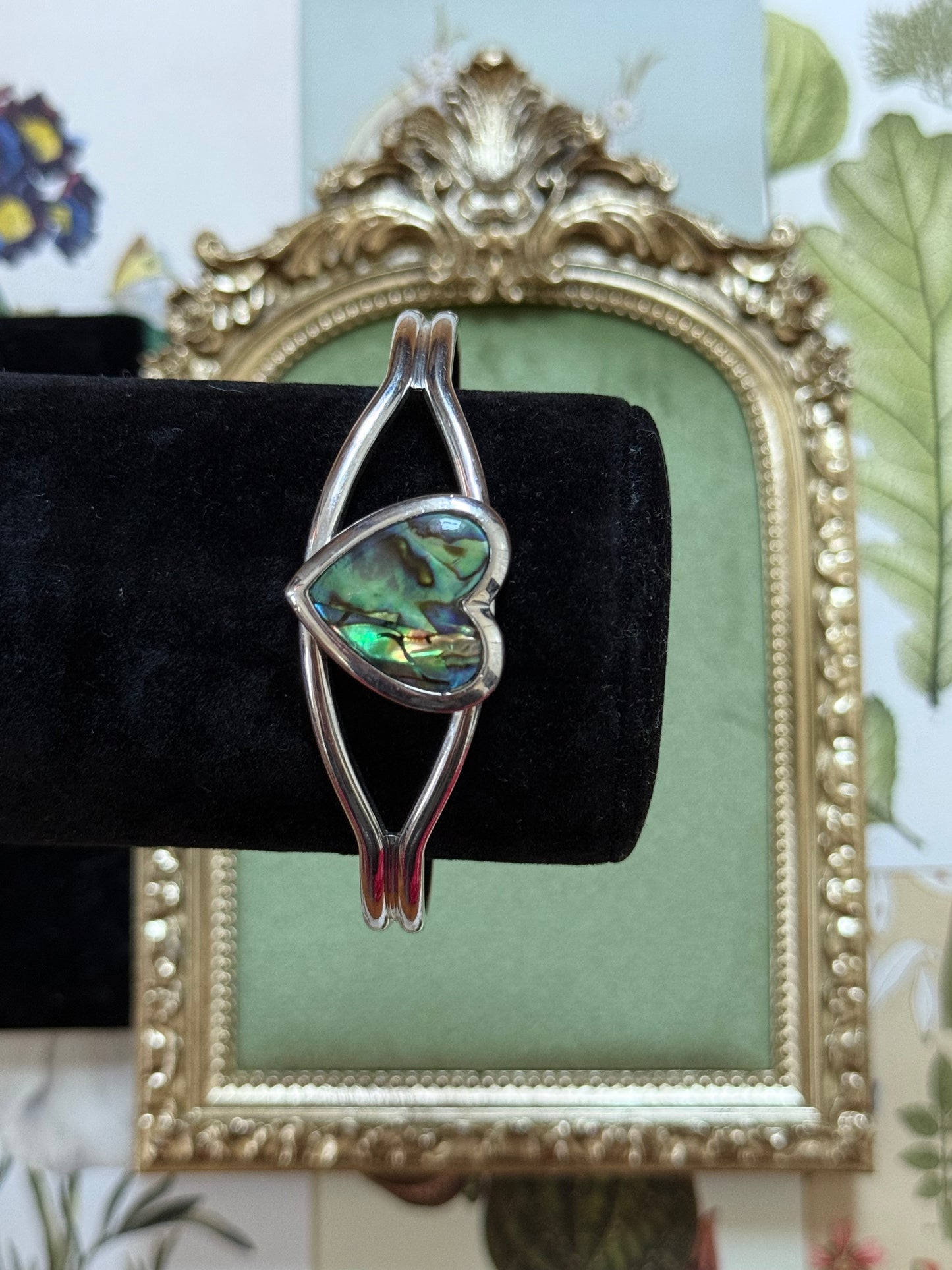 Vintage Gold Tone Abalone Heart Cuff Bracelet