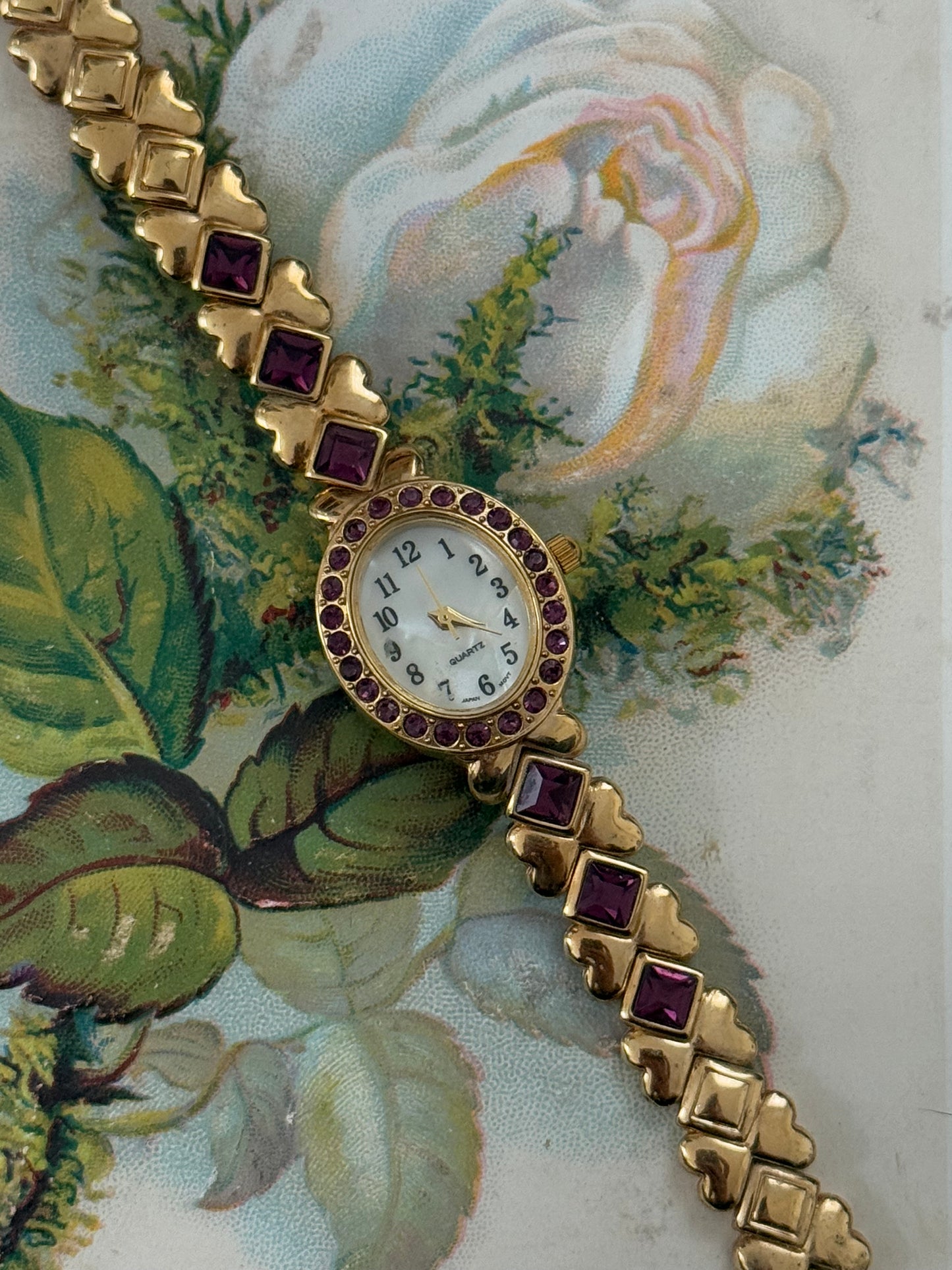 gold tone vintage dainty purple stone watch