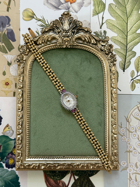 Working Vintage Gold Tone Red Gemstone Diamond Dial Watch