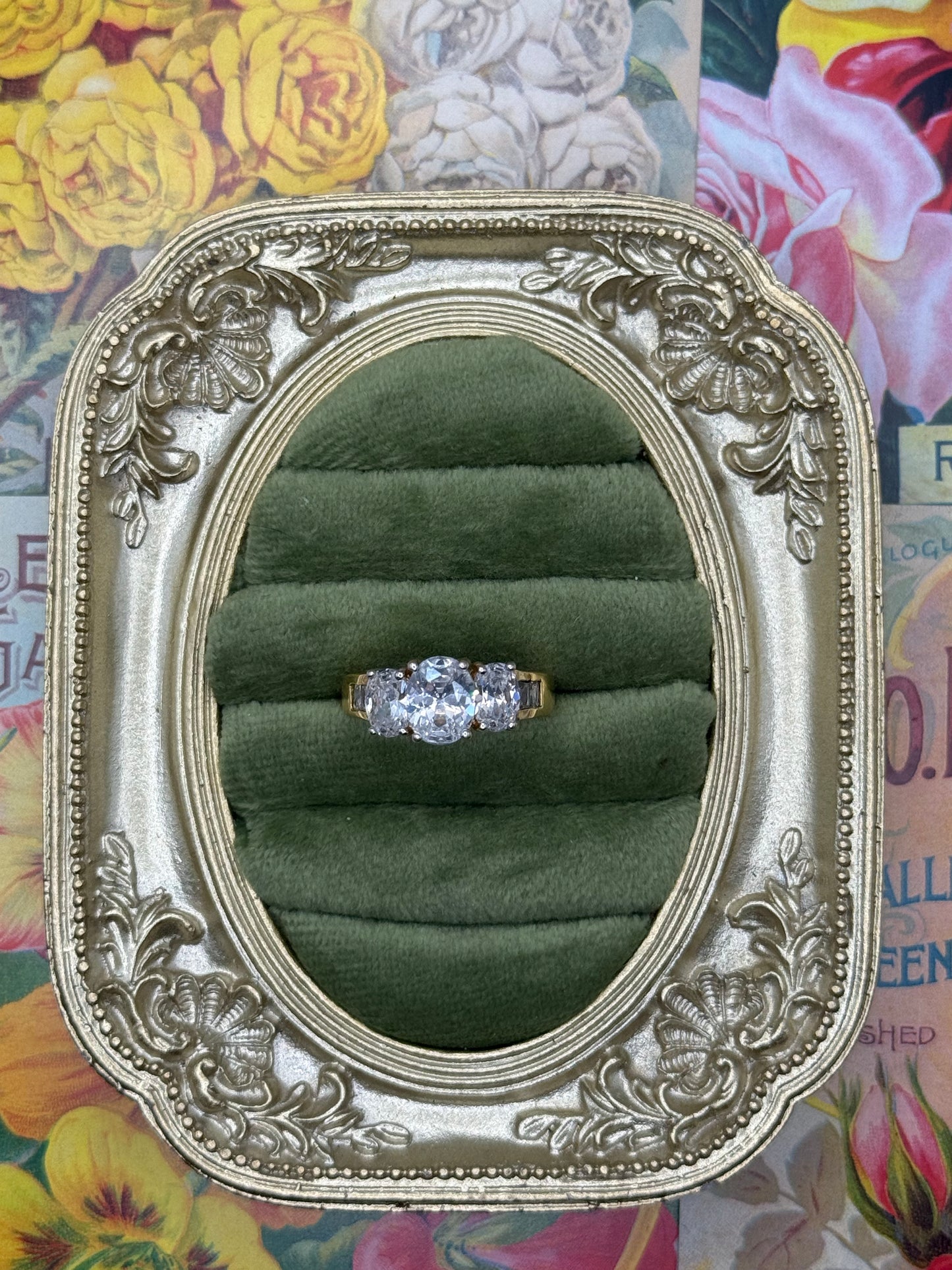 Vintage Gold Tone Three Stone Oval Ring Size 8