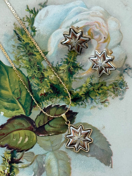 damascene two tone earrings and necklace set