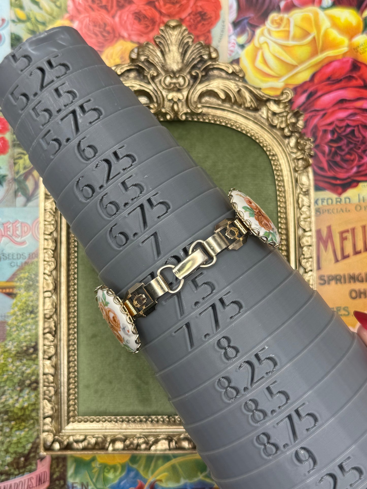 Vintage Gold Tone Floral Painted Bracelet 7.25”