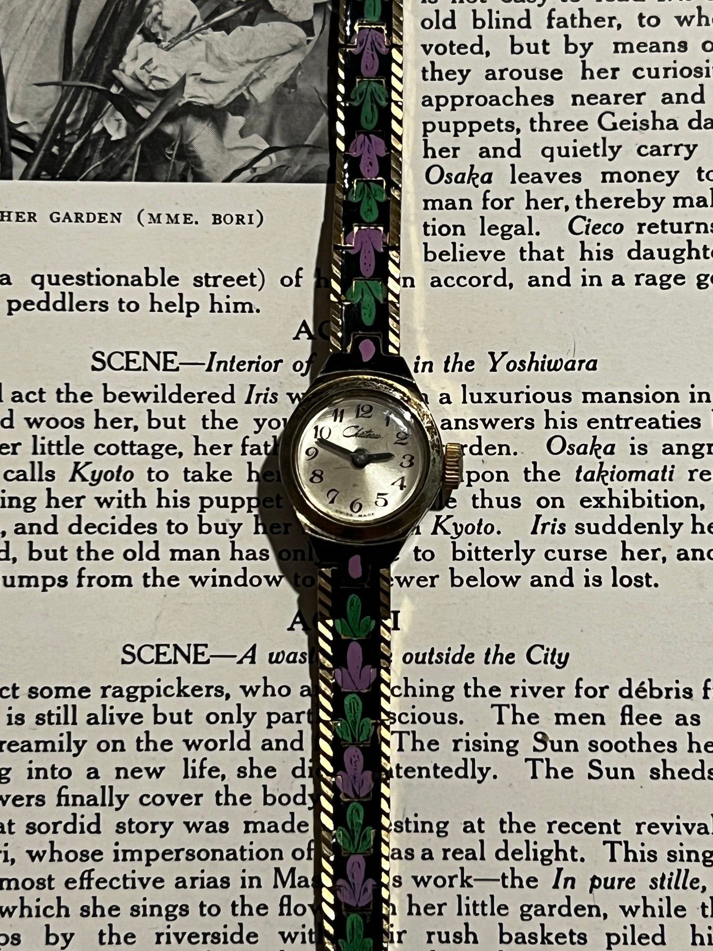 chateau gold tone black green and purple enameled vintage watch