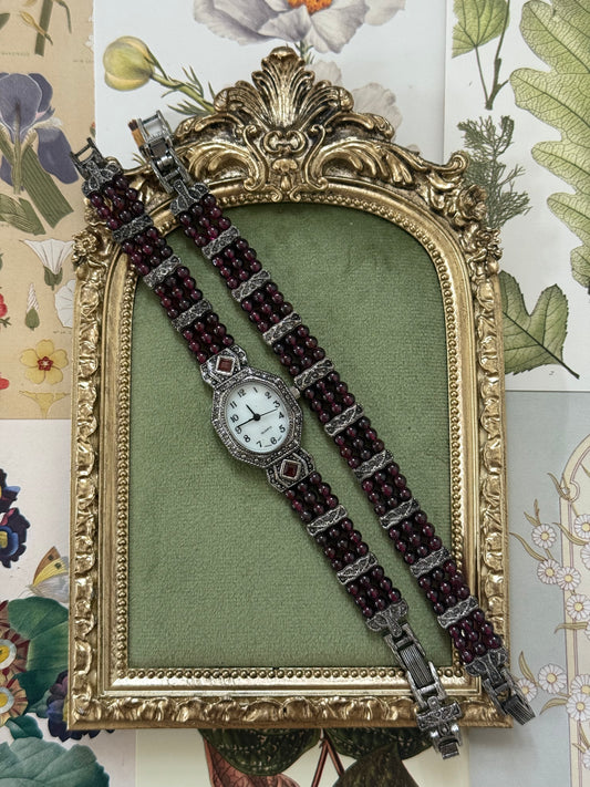 Working Vintage Silver Tone Garnet Beaded Watch and Bracelet Set