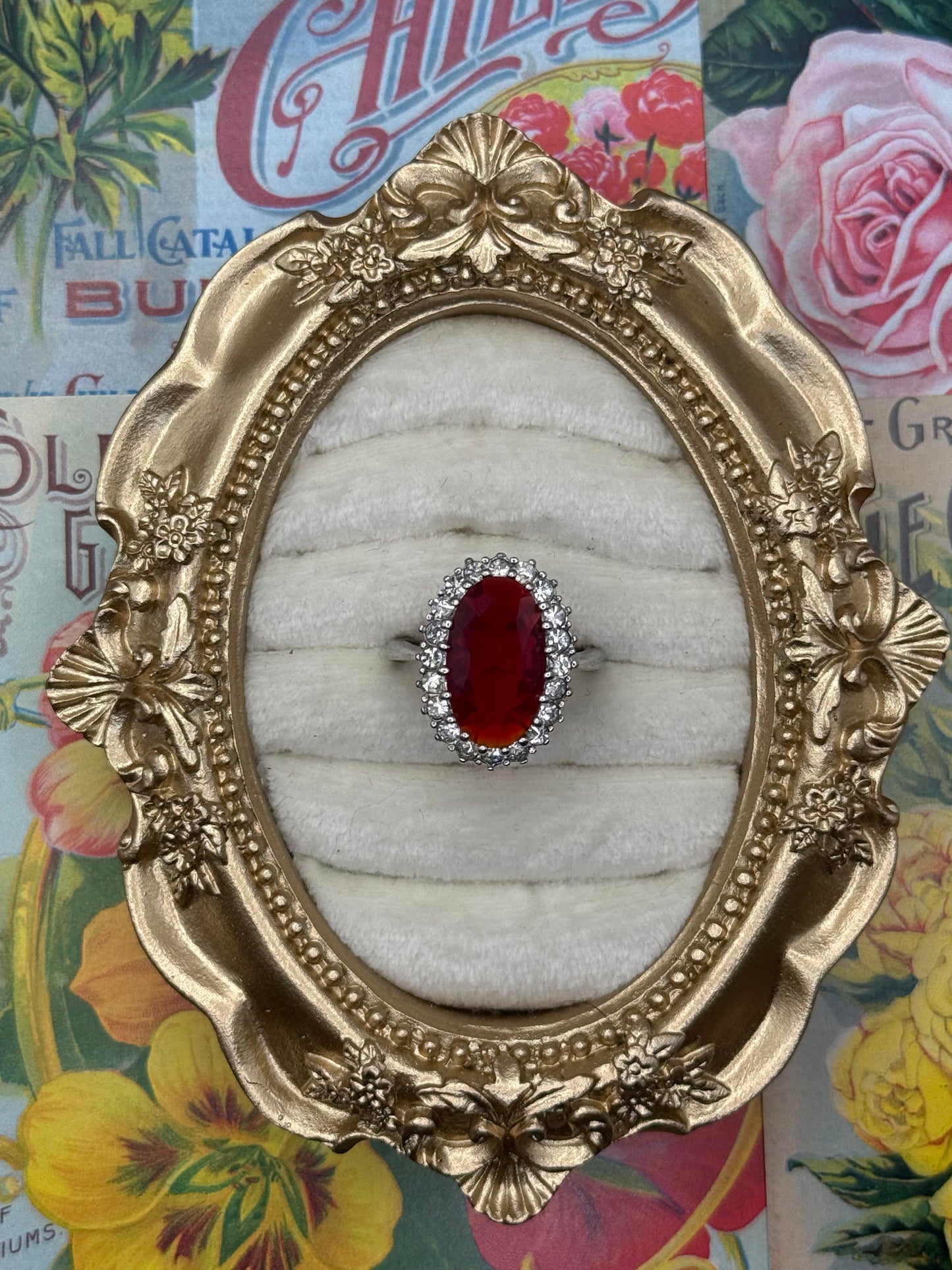 Vintage Silver Tone Red Stone Ring Size 9