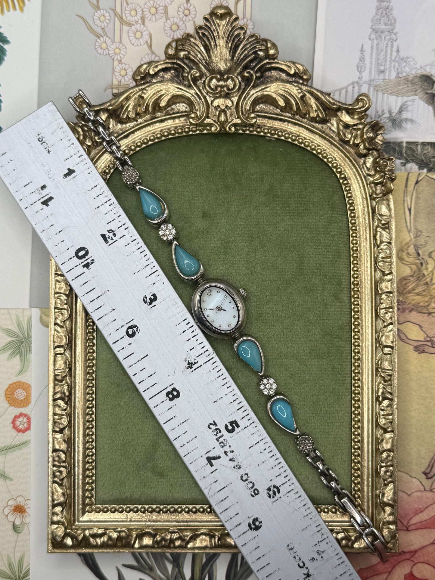 Working Vintage Silver Tone Gemstone Watch